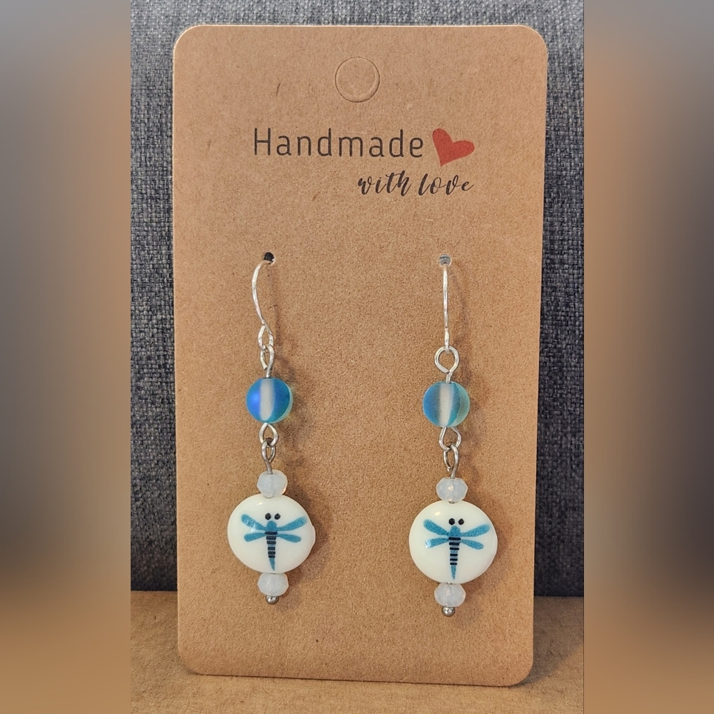 Handmade Dragonfly Earrings with Blue Accents